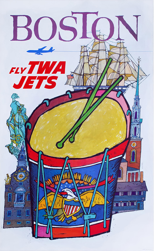 product-image Illustrated vintage Boston Travel Poster by David Klein features “BOSTON” at the top, a large drum, historic landmarks, a ship, and “Fly TWA Jets” with an airplane graphic. Poster print available in A1 to A4 sizes.