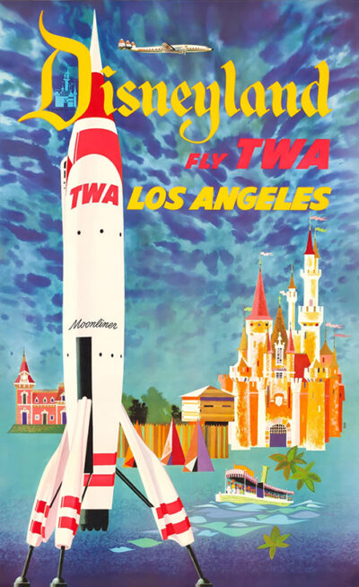 Vintage Disneyland poster by David Klein featuring a TWA rocket, Sleeping Beauty Castle, and vibrant text promoting flights to Los Angeles. Poster print available in A1 to A4 sizes.