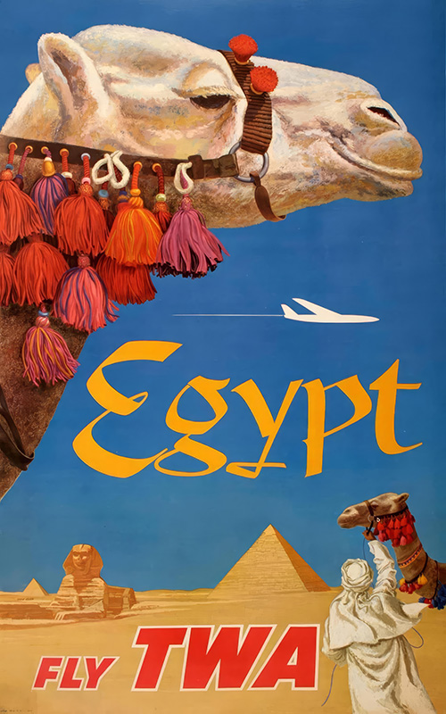 product-image Vintage TWA Travel Poster by David Klein featuring a camel with colourful tassels, Egypt’s pyramids and Sphinx, as a plane soars overhead with bold Fly TWA lettering. Poster print available in A1 to A4 sizes.