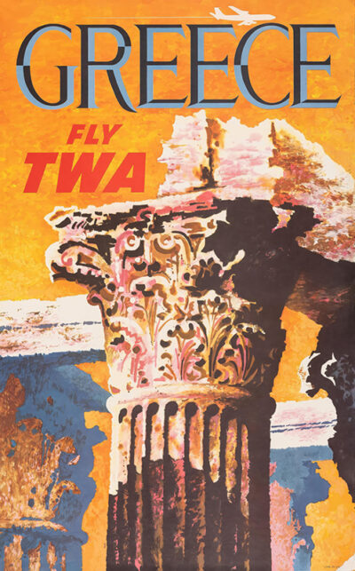 Vintage TWA Travel Poster by David Klein featuring ancient Greek columns with the text GREECE and Fly TWA against a vibrant yellow and orange background. Poster print available in A1 to A4 sizes.