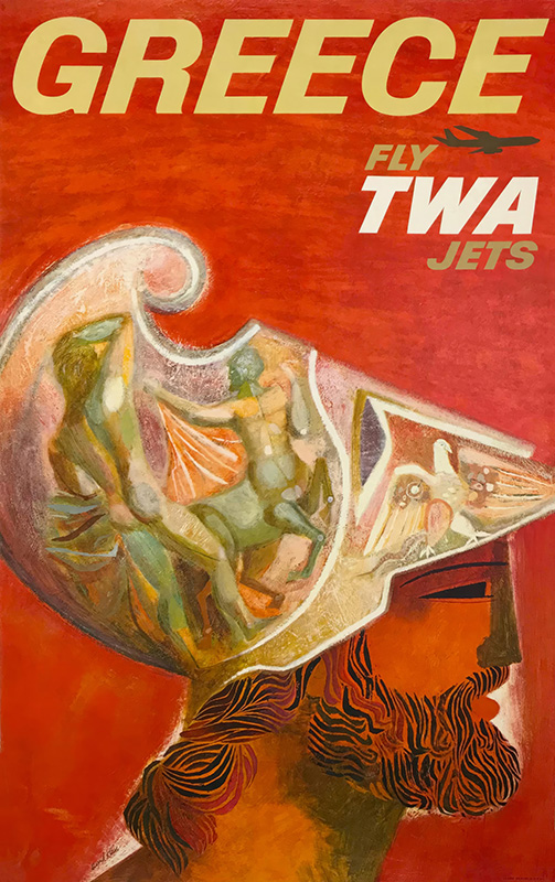 product-image Vintage Travel Poster featuring a bearded mans profile in a helmet adorned with Greek mythological figures; text reads GREECE FLY TWA JETS. Poster print available in A1 to A4 sizes.