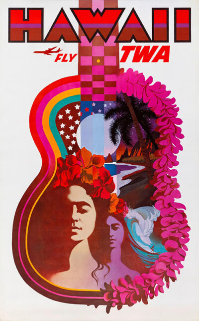 Vintage Hawaii TWA Travel Poster by David Klein featuring a colourful guitar-shaped design, tropical flowers, ocean waves, palm trees, and two women’s faces. Text reads HAWAII FLY TWA. Poster print available in A1 to A4 sizes.