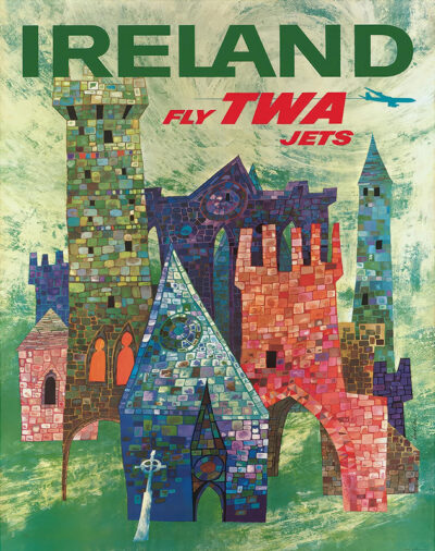 Vintage TWA Travel Poster featuring a colourful mosaic-style illustration of Irish castles and ruins, reading IRELAND with an airplane graphic in the top right—classic David Klein artistry at its finest. Poster print available in A1 to A4 sizes.