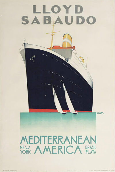 Vintage travel poster featuring a majestic Lloyd Sabaudo ocean liner with two small sailboats in the foreground; text highlights destinations: Mediterranean, New York, America, Brasil, Plata—a classic 1930 travel poster. Poster print available in A1 to A4 sizes.