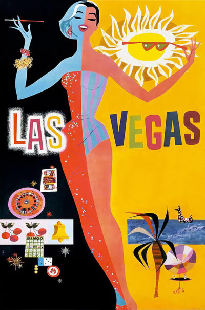 product-image Colourful vintage-style illustration inspired by David Klein, featuring a woman in a split red and blue dress, Las Vegas text, casino elements, and a sun with an eye on a bold black and yellow background—reminiscent of classic TWA Travel Posters. Poster print available in A1 to A4 sizes.