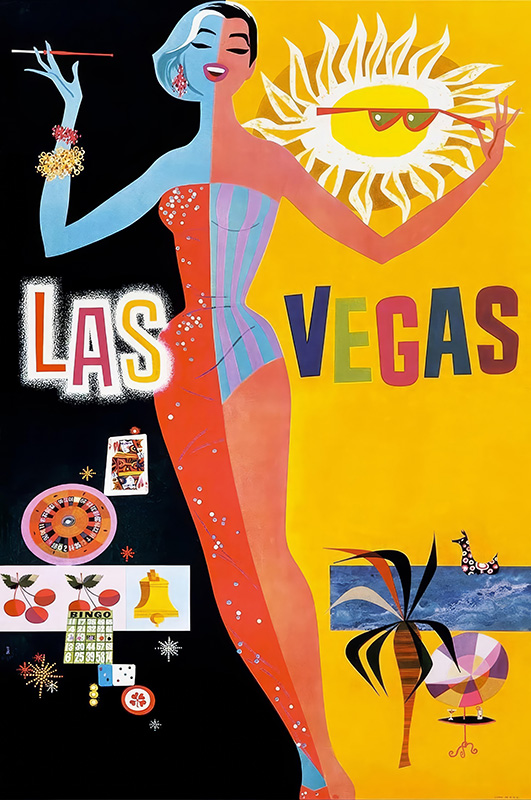 product-image Colourful vintage-style illustration inspired by David Klein, featuring a woman in a split red and blue dress, Las Vegas text, casino elements, and a sun with an eye on a bold black and yellow background—reminiscent of classic TWA Travel Posters. Poster print available in A1 to A4 sizes.