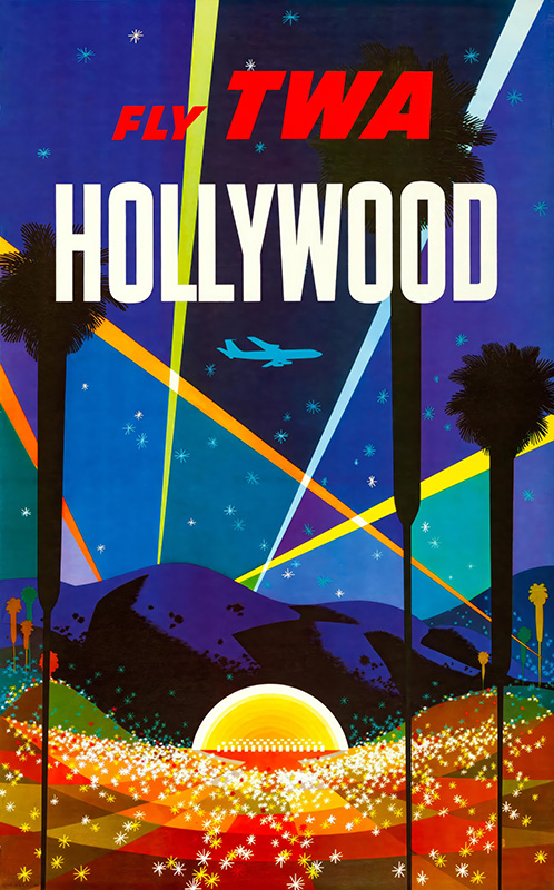 product-image A vintage David Klein Fly TWA Hollywood poster depicts a plane soaring over illuminated Los Angeles hills, a sunset, palm trees, and colourful beams against a starry night sky. Poster print available in A1 to A4 sizes.