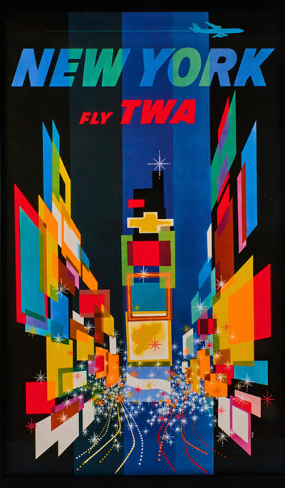 Colourful, geometric illustration of Times Square inspired by David Klein, with the text NEW YORK FLY TWA and a small airplane flying above, echoing the iconic style of a classic TWA Travel Poster. Poster print available in A1 to A4 sizes.