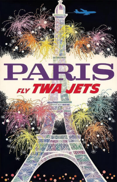 Colourful vintage TWA Travel Poster of the Eiffel Tower with fireworks, the text “PARIS FLY TWA JETS,” and a jet plane flying overhead in David Kleins iconic style. Poster print available in A1 to A4 sizes.
