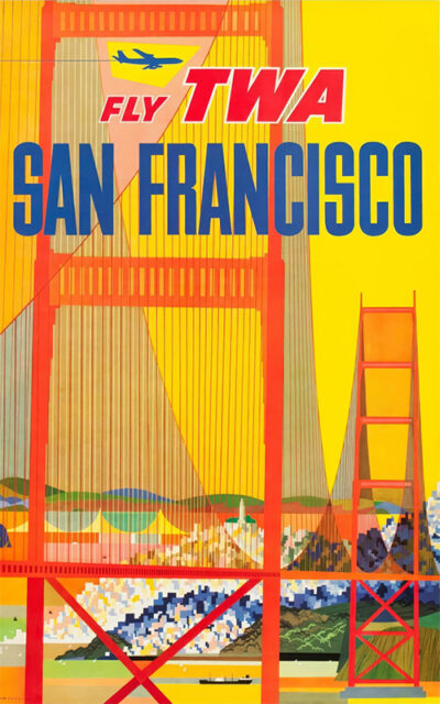 Vintage TWA Travel Poster by David Klein featuring the Golden Gate Bridge, with Fly TWA San Francisco in bold letters on a bright yellow background. Poster print available in A1 to A4 sizes.