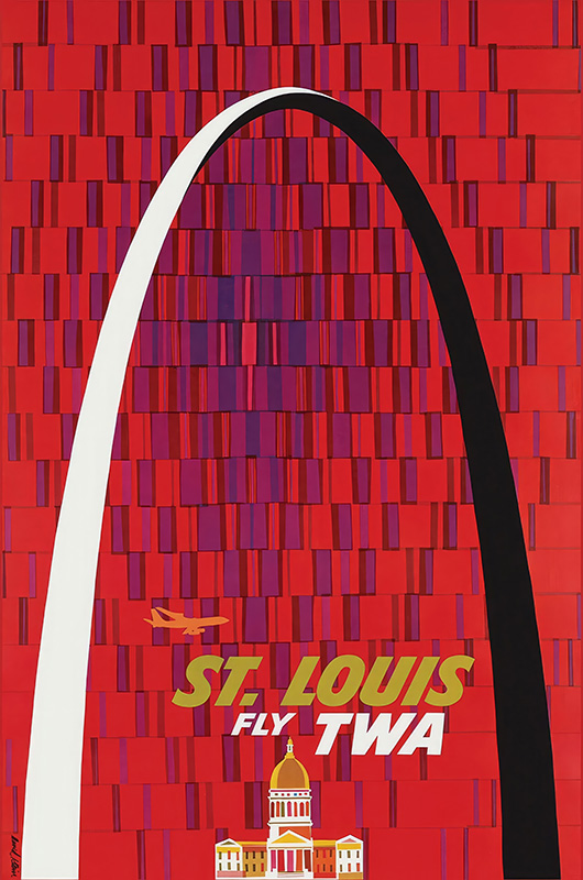 Poster with red background featuring the St. Louis Gateway Arch, an airplane, the Old Courthouse, and the text “St. Louis Fly TWA.” A classic TWA Travel Poster inspired by David Kleins iconic style. Poster print available in A1 to A4 sizes.