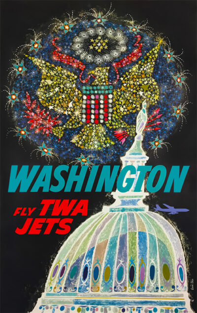Vintage TWA Travel Poster by David Klein features the U.S. Capitol dome, a stylized American eagle, and bold text promoting flights to Washington by TWA Jets. Poster print available in A1 to A4 sizes.