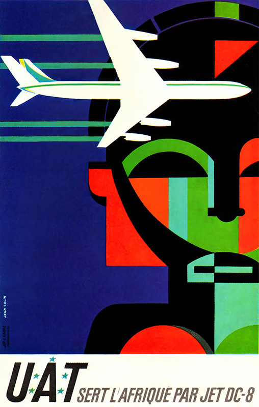 A stylized illustration of a Jet DC-8 airplane flying over a colourful abstract face, with French text “UAT sert lAfrique par jet DC-8” at the bottom. Poster print available in A1 to A4 sizes.