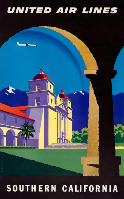 Vintage United Air Lines travel poster featuring a mission-style church with mountains in the background, an airplane soaring above, and an arched foreground, inviting you to explore Southern California. Poster print available in A1 to A4 sizes.