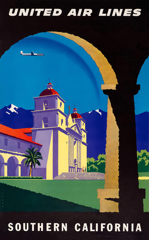 Vintage United Air Lines travel poster featuring a mission-style church with mountains in the background, an airplane soaring above, and an arched foreground, inviting you to explore Southern California. Poster print available in A1 to A4 sizes.