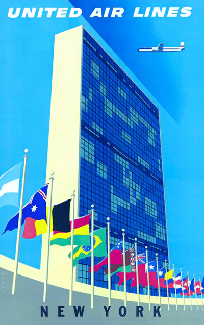 A vintage United Air Lines travel poster featuring the United Nations headquarters in New York, with international flags in the foreground and an airplane soaring above. Poster print available in A1 to A4 sizes.