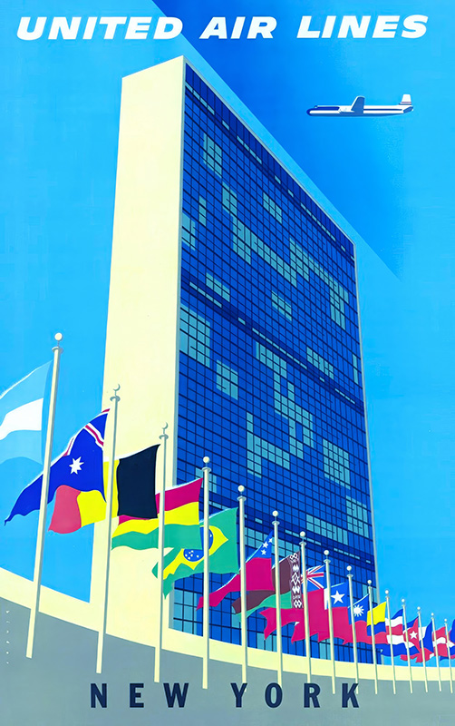 product-image A vintage United Air Lines travel poster featuring the United Nations headquarters in New York, with international flags in the foreground and an airplane soaring above. Poster print available in A1 to A4 sizes.