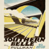 Vintage Travel Poster featuring a streamlined train crossing a large arched bridge, advertising the Southern Belle Pullman service between Victoria and Brighton, designed in the classic style of Patrick Cokayne. Poster print available in A1 to A4 sizes.
