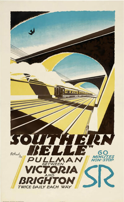 Vintage Travel Poster featuring a streamlined train crossing a large arched bridge, advertising the Southern Belle Pullman service between Victoria and Brighton, designed in the classic style of Patrick Cokayne. Poster print available in A1 to A4 sizes.