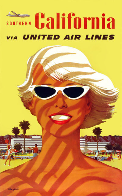 Vintage travel poster featuring a smiling woman in sunglasses, palm trees, and an airport scene, inviting you to explore Southern California with United Air Lines. Poster print available in A1 to A4 sizes.