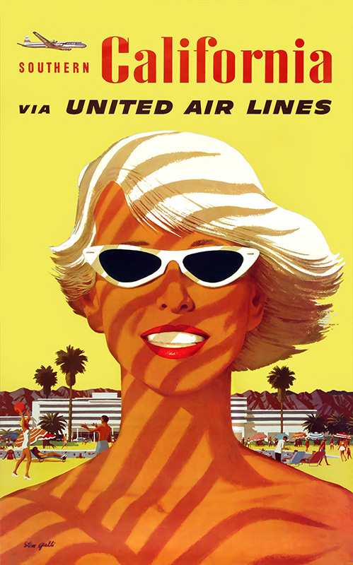 product-image Vintage travel poster featuring a smiling woman in sunglasses, palm trees, and an airport scene, inviting you to explore Southern California with United Air Lines. Poster print available in A1 to A4 sizes.