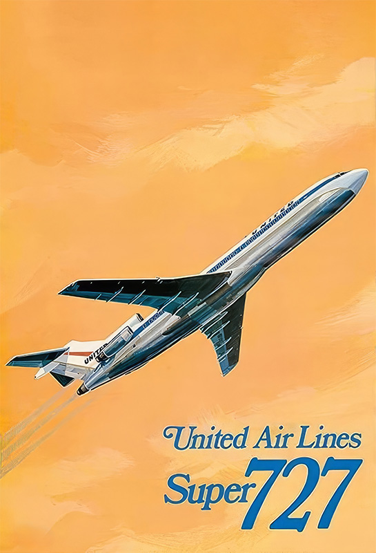 A United Air Lines Super 727 airplane is shown climbing against an orange sky in this classic 1969 image, with United Air Lines Super 727 text at the bottom. Poster print available in A1 to A4 sizes.