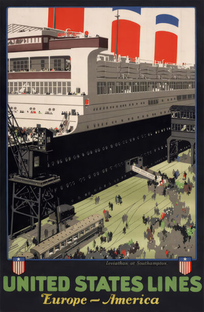 Vintage Leviathan Poster depicts the ocean liner at Southampton, with passengers boarding and cranes in view. Text reads United States Line Europe - America. Poster print available in A1 to A4 sizes.