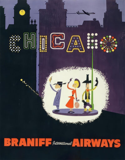 Vintage Travel Poster of Braniff Airlines featuring stylized characters before a city skyline, with Chicago in vibrant lights and an airplane soaring above. Poster print available in A1 to A4 sizes.