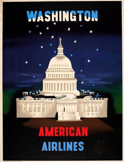 Art deco style travel poster featuring the U.S. Capitol building at night with “Washington” and “American Airlines” text, stars in the sky, and the airline logo in the corner. Poster print available in A1 to A4 sizes.
