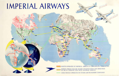 A vintage Imperial Airways poster featuring a world route map, two airplanes in the top right, and a key displaying route classifications in various colours and line styles. Poster print available in A1 to A4 sizes.