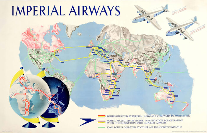 product-image A vintage Imperial Airways poster featuring a world route map, two airplanes in the top right, and a key displaying route classifications in various colours and line styles. Poster print available in A1 to A4 sizes.