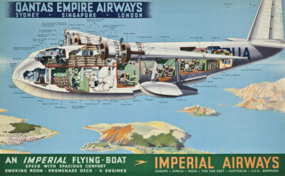 Cutaway illustration of a QANTAS Empire Airways flying boat, inspired by a vintage flying-boat travel poster, showing passenger areas, crew compartments, and cargo as it soars over a coastal landscape with destination cities listed. Poster print available in A1 to A4 sizes.