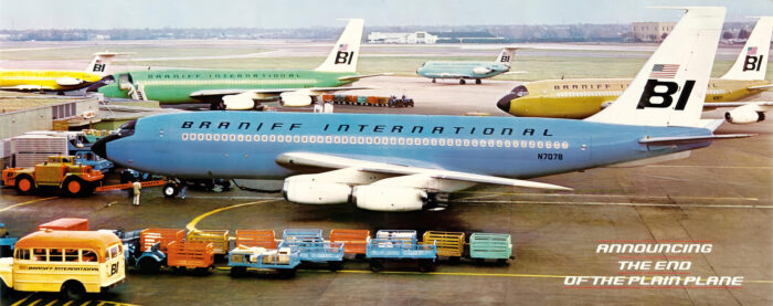 product-image A Braniff International airplane in blue livery is parked at an airport gate, with other colourful Braniff planes and ground vehicles nearby; caption reads, Announcing the end of the plain plane—Poster 1965. Poster print available in A1 to A4 sizes.