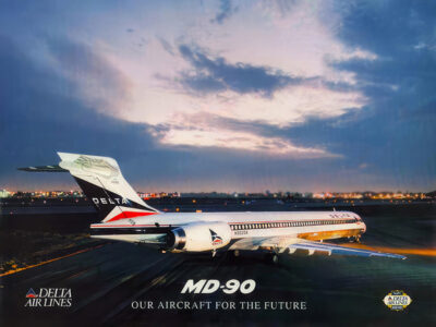 Delta Airlines MD-90 aircraft, introduced in 1995, parked on the runway at sunset with the slogan Our Aircraft for the Future displayed below. Poster print available in A1 to A4 sizes.