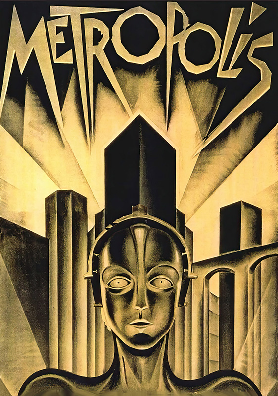 product-image Art Deco-style poster for the 1927 Metropolis movie featuring a stylized robot face, towering skyscrapers, and bold, angular text. Movie poster print available in A1 to A4 sizes.