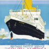 Art deco poster of a cruise ship labeled Alcantara promoting Royal Mail Lines round trips to South America, featuring artwork by Kenneth Denton Shoesmith and text highlighting Britain’s fastest South America travel service. Poster print available in A1 to A4 sizes.
