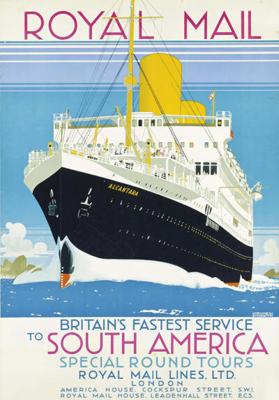 Art deco poster of a cruise ship labeled Alcantara promoting Royal Mail Lines round trips to South America, featuring artwork by Kenneth Denton Shoesmith and text highlighting Britain’s fastest South America travel service. Poster print available in A1 to A4 sizes.