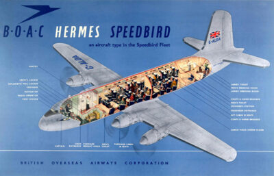 Cutaway illustration of a BOAC Hermes aircraft, known as the Speedbird, showing labeled interior sections including seating, cockpit, galley, toilets, cloakrooms, and baggage holds. Poster print available in A1 to A4 sizes.