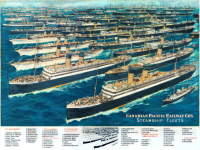 Illustration of numerous steamships at sea in 1910, depicting the Canadian Pacific Railway Steamship Fleets, with ship names and silhouettes listed at the bottom. Poster print available in A1 to A4 sizes.
