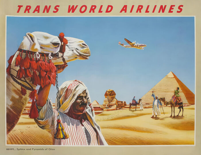 Vintage Trans World Airlines poster featuring the Pyramids of Giza, the Sphinx, camels, and people in traditional dress, with an airplane soaring overhead in Egypt. Poster print available in A1 to A4 sizes.