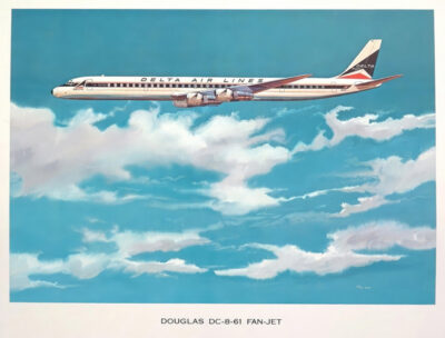 Illustration of a Delta Air Lines Douglas DC-8-61 fan-jet airplane soaring above the clouds against a vivid blue sky, inspired by classic Fan-Jet Poster art. Poster print available in A1 to A4 sizes.