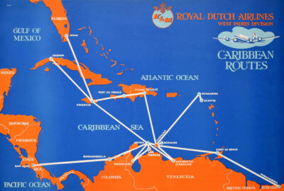 A vintage KLM Royal Dutch Airlines map displays Caribbean Routes connecting cities across the West Indies, Central America, South America, and the United States. Poster print available in A1 to A4 sizes.
