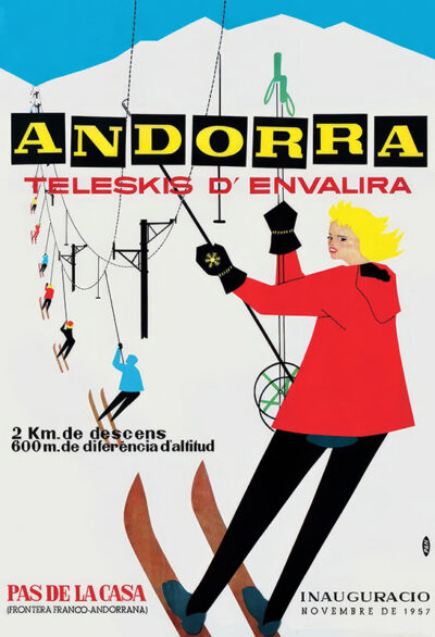Vintage poster advertising the Teleskis dEnvalira in Andorra, featuring a skier in red with mountains and ski lifts; text highlights location and 1957 opening date. Poster print available in A1 to A4 sizes.