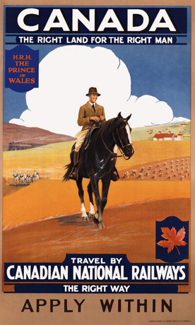 Vintage 1925 poster of a man on horseback in rural Canada, promoting immigration and travel by Canadian National Railways; text reads “Apply Within.”. Poster print available in A1 to A4 sizes.