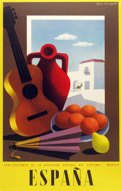A still life with a guitar, oranges, a jug, a fan, and a pear, set against a Spanish village backdrop with a building, archway, and a person on a donkey. Text reads: ESPAÑA. Promoted by Dirección General del Turismo. Poster print available in A1 to A4 sizes.