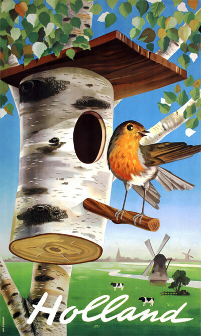 A robin perches on a birch birdhouse with a windmill, cows, and fields in the background under the word Holland, evoking a charming Bird Travel Poster in the style of Cornelius van Velsen. Poster print available in A1 to A4 sizes.