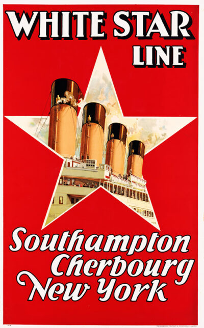 product-image Vintage White Star Line poster featuring a bold red background, iconic Olympic smokestacks, large white star, and text: Southampton Cherbourg New York. Poster print available in A1 to A4 sizes.
