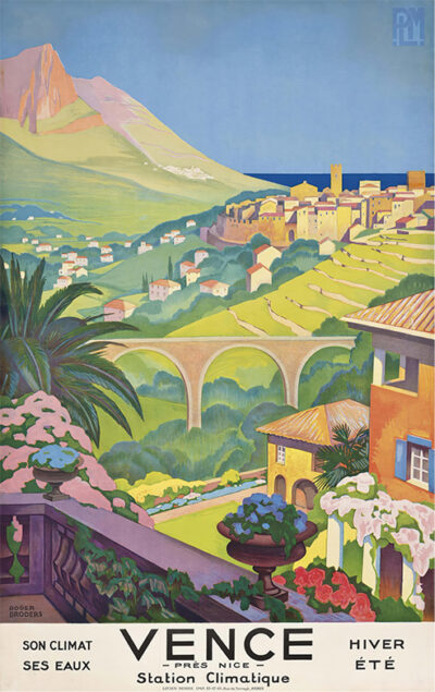 Vintage Vence travel poster by Roger Broders, 1930, featuring a colourful landscape with hills, a viaduct, village buildings, and blooming flowers in the foreground. Poster print available in A1 to A4 sizes.