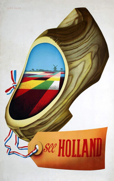 A wooden clog with a painted scene of Dutch fields and a windmill, inspired by Holland Travel Poster art, decorated with a ribbon and a tag reading see HOLLAND. Poster print available in A1 to A4 sizes.