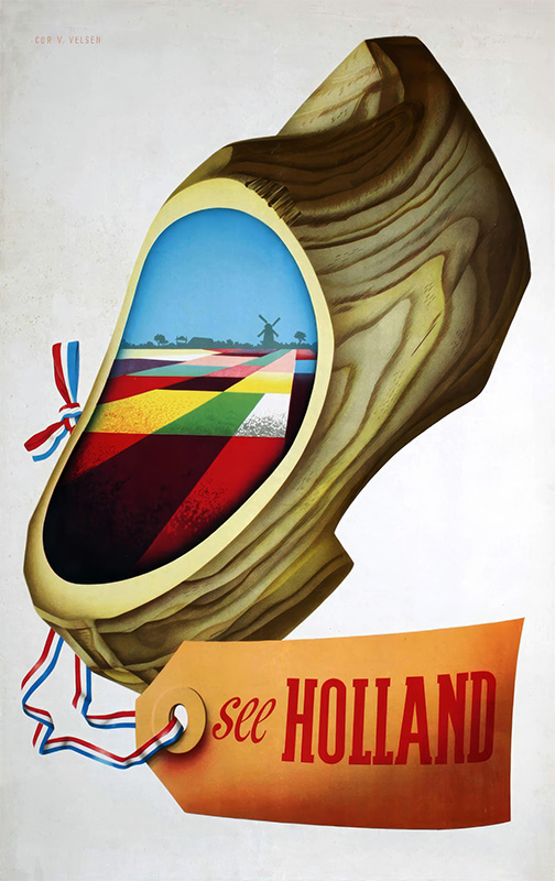 product-image A wooden clog with a painted scene of Dutch fields and a windmill, inspired by Holland Travel Poster art, decorated with a ribbon and a tag reading see HOLLAND. Poster print available in A1 to A4 sizes.